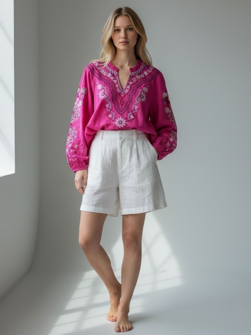 Soft Surroundings Fuchsia Embroidered V-Neck Tunic - Picture 2 of 12